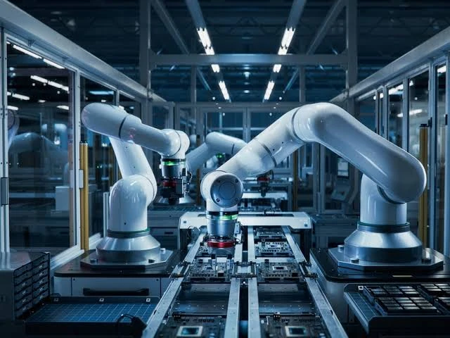 Illustrative robotic arms inside an industrial production cell