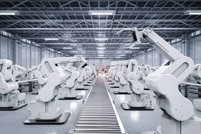 Illustrative factory production line with robotic equipment